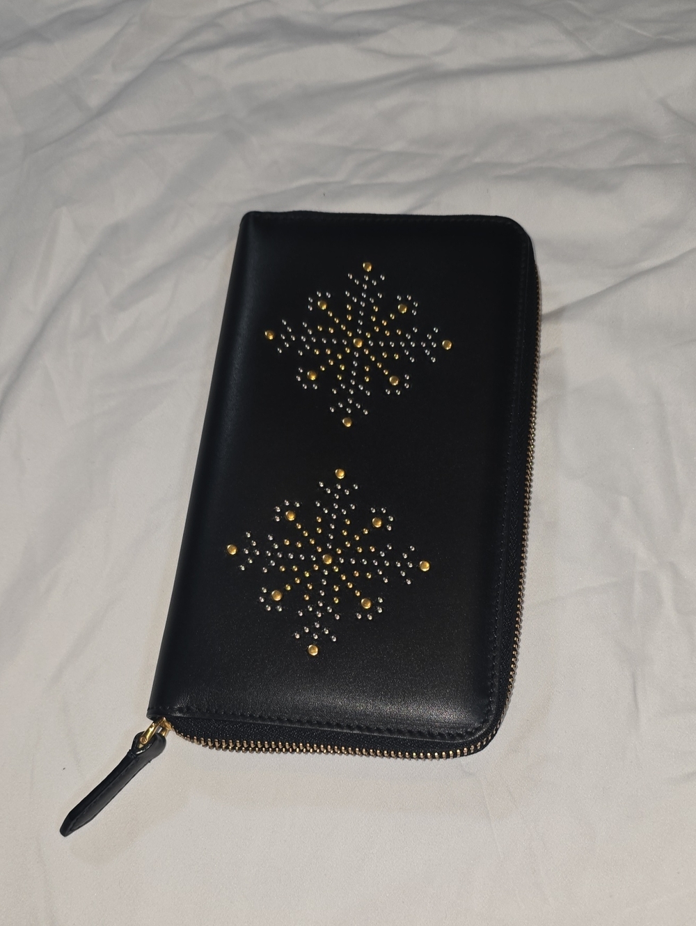 Burberry Calfskin Studded Snowflake Zip Around Wallet